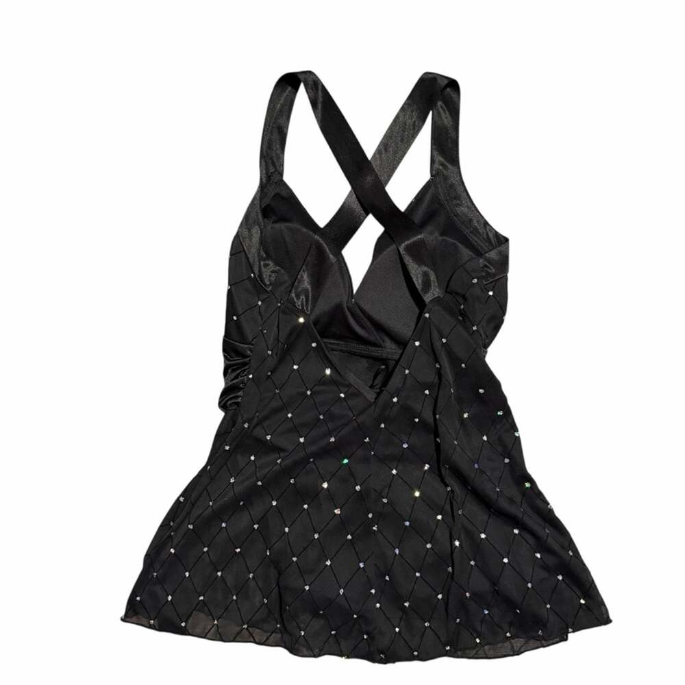 Y2K Black Rhinestone Satin Babydoll Top Size 10P McBling Whimsygoth Vibes - Picture 2 of 6